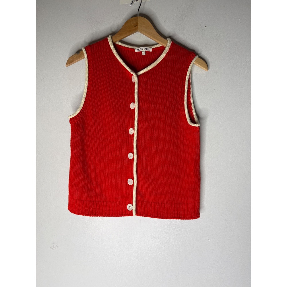 Alex Mill Red Cotton Knit Button Front Sweater Vest Cream Trim XS